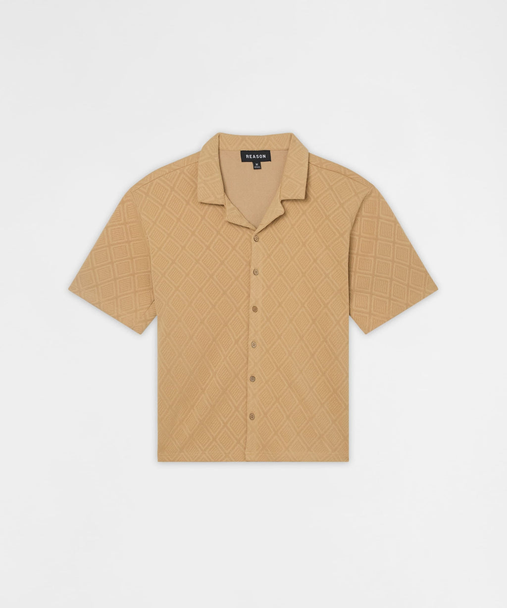 Diamond Pattern Textured Knit Button-Down Shirt - Taupe