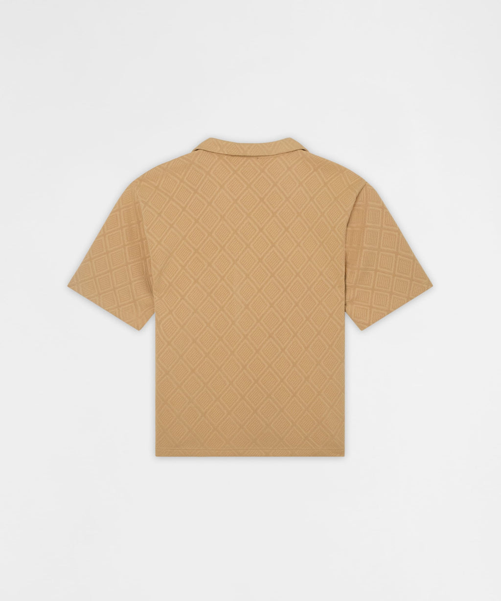 Diamond Pattern Textured Knit Button-Down Shirt - Taupe